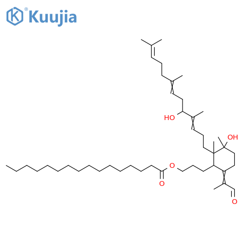 Hexadecanoic acid, 3-[3-hydroxy-2-(5-hydroxy-4,8,12-trimethyl-3,7,11-tridecatrienyl)-2,3-dimethyl-6-(1-methyl-2-oxoethylidene)cyclohexyl]propyl ester (9CI) structure