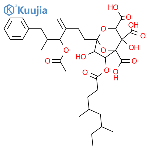 L-erythro-L-glycero-D-altro-7-Trideculo-7,4-furanosonic acid, 2,7-anhydro-3,4-di-C-carboxy-8,9,10,12,13-pentadeoxy-10-methylene-13-(phenylmethyl)-, 11-acetate 5-[(4R,6S)-4,6-dimethyloctanoate], (7S)- (9CI) structure