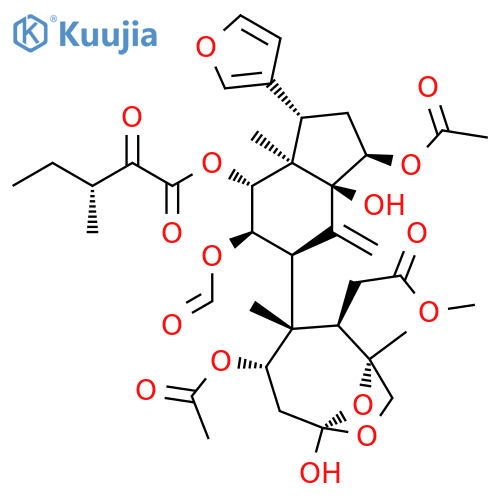 7,9-Dioxabicyclo[4.2.1]nonane-2-aceticacid,4-(acetyloxy)-3-[(1S,3R,3aS,5R,6R,7R,7aR)-3-(acetyloxy)-6-(formyloxy)-1-(3-furanyl)octahydro-3a-hydroxy-7a-methyl-7-[[(3R)-3-methyl-1,2-dioxopentyl]oxy]-4-methylene-1H-inden-5-yl]-6-hydroxy-1,3-dimethyl-,methyl ester, (1S,2R,3R,4S,6S)- (9CI) structure