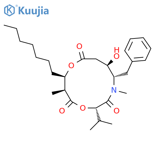 1,9-Dioxa-4-azacyclododecane-3,8,12-trione,10-heptyl-6-hydroxy-4,11-dimethyl-2-(1-methylethyl)-5-(phenylmethyl)-,(2S,5S,6R,10R,11S)- structure