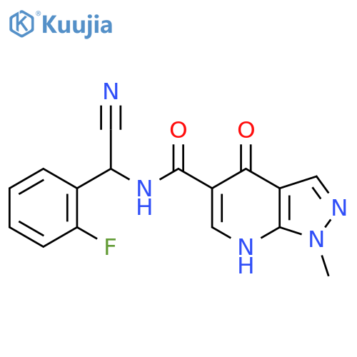 N-[Cyano-(2-fluorophenyl)methyl]-1-methyl-4-oxo-7H-pyrazolo[3,4-b]pyridine-5-carboxamide structure