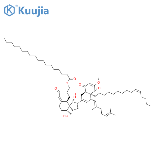 Octadecanoic acid, 3-[(1R,2S,5S,6R,7Z,10S)-2-[(4R,4aS,8aR)-4-[(1E)-2,6-dimethyl-1,5-heptadienyl]-1,4,4a,5,8,8a-hexahydro-6-methoxy-5,8-dioxo-4a-[(10Z)-10-pentadecenyl]-2-naphthalenyl]-1,10-dihydroxy-10-methyl-7-(1-methyl-2-oxoethylidene)spiro[4.5]dec-6-yl]propyl ester (9CI) structure