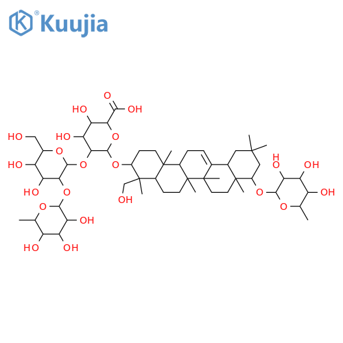 β-D-Glucopyranosiduronic acid, (3β,4β,22β)-22-[(6-deoxy-α-L-mannopyranosyl)oxy]-23-hydroxyolean-12-en-3-yl O-6-deoxy-α-L-mannopyranosyl-(1→2)-O-β-D-galactopyranosyl-(1→2)- structure