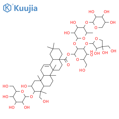 Olean-12-en-28-oicacid, 3-(b-D-glucopyranosyloxy)-2,23-dihydroxy-,O-D-apio-b-D-furanosyl-(1&reg;3)-O-[O-b-D-xylopyranosyl-(1&reg;4)-6-deoxy-a-L-mannopyranosyl-(1&reg;2)]-b-D-glucopyranosyl ester, (2b,3b,4a)- (9CI) structure