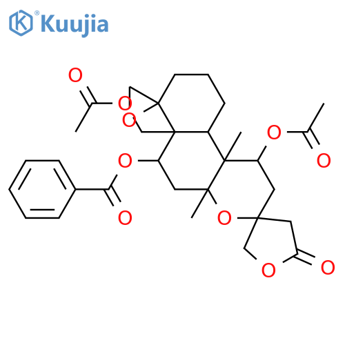 4,18:8,13-Diepoxy-6,11,19-trihydroxy-15,16-clerodanolide; (ent-4β,6β,8α,11β,13R)-form, 6-Benzoyl, 11,19-di-Ac structure