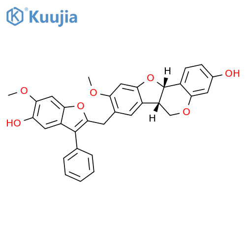 6H-Benzofuro[3,2-c][1]benzopyran-3-ol,6a,11a-dihydro-8-[(5-hydroxy-6-methoxy-3-phenyl-2-benzofuranyl)methyl]-9-methoxy-,(6aS,11aS)- structure