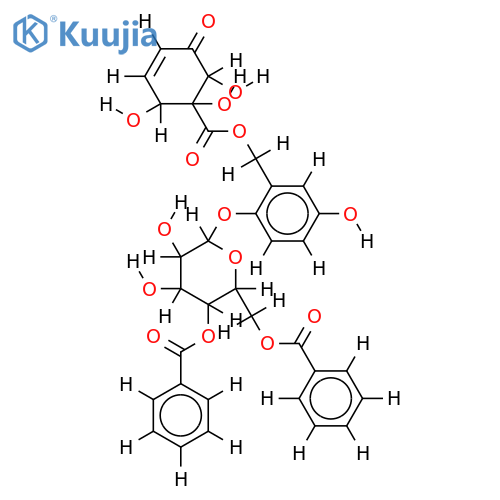 2'-O-(4, 6-Di-O-benzoyl-beta-D-glucopyranoside)-2, 5-Dihydroxybenzyl 1, 2, 6-trihydroxy-5-oxo-3-cyclohexene-1-carboxylate structure