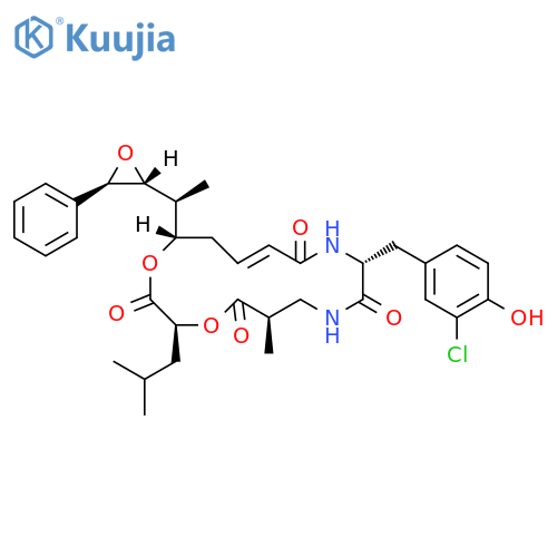 Cyclo[(2R)-2-methyl-b-alanyl-(2S)-2-hydroxy-4-methylpentanoyl-(2E,5S,6S)-5-hydroxy-6-[(2R,3R)-3-phenyloxiranyl]-2-heptenoyl-3-chloro-D-tyrosyl](9CI) structure