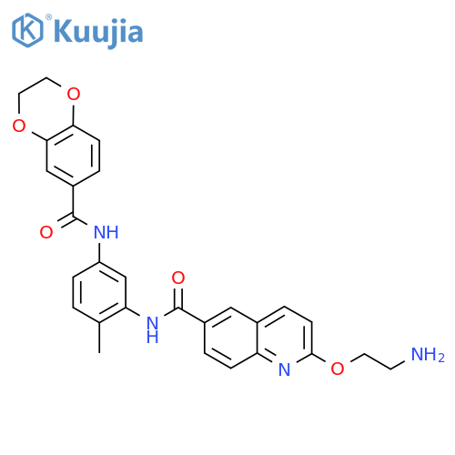 2-(2-aminoethoxy)-N-[5-(2,3-dihydro-1,4-benzodioxine-6-amido)-2-methylphenyl]quinoline-6-carboxamide structure