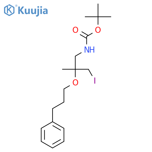 tert-butyl N-3-iodo-2-methyl-2-(3-phenylpropoxy)propylcarbamate structure