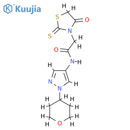 N-[1-(oxan-4-yl)pyrazol-4-yl]-2-(4-oxo-2-sulfanylidene-1,3-thiazolidin-3-yl)acetamide structure