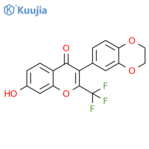 3-(2,3-dihydro-1,4-benzodioxin-6-yl)-7-hydroxy-2-(trifluoromethyl)-4H-chromen-4-one structure