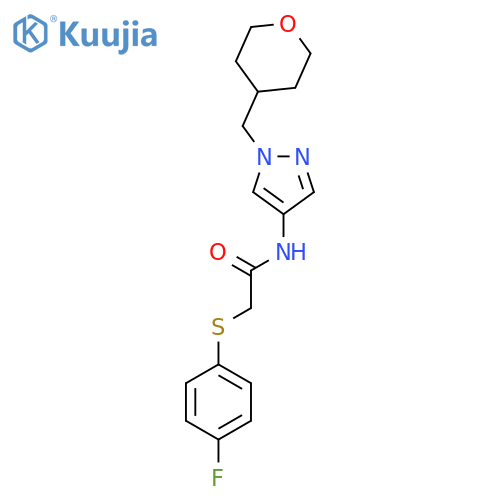 2-((4-fluorophenyl)thio)-N-(1-((tetrahydro-2H-pyran-4-yl)methyl)-1H-pyrazol-4-yl)acetamide structure