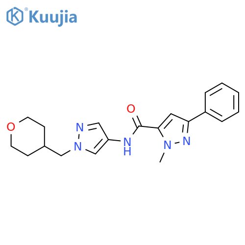 2-methyl-N-[1-(oxan-4-ylmethyl)pyrazol-4-yl]-5-phenylpyrazole-3-carboxamide structure