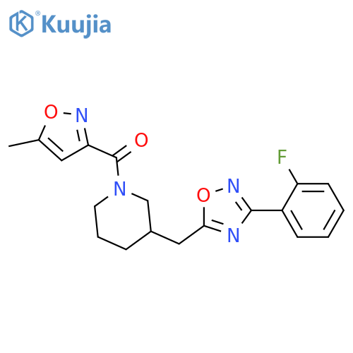3-{[3-(2-fluorophenyl)-1,2,4-oxadiazol-5-yl]methyl}-1-(5-methyl-1,2-oxazole-3-carbonyl)piperidine structure