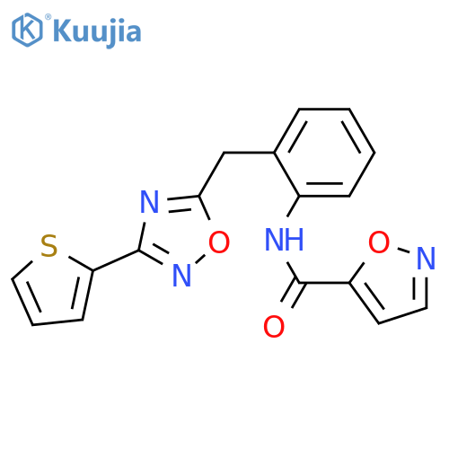 N-(2-{[3-(thiophen-2-yl)-1,2,4-oxadiazol-5-yl]methyl}phenyl)-1,2-oxazole-5-carboxamide structure