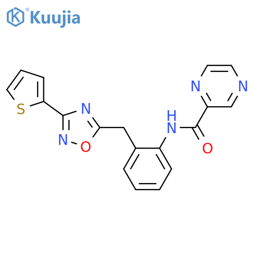 N-(2-{[3-(thiophen-2-yl)-1,2,4-oxadiazol-5-yl]methyl}phenyl)pyrazine-2-carboxamide structure