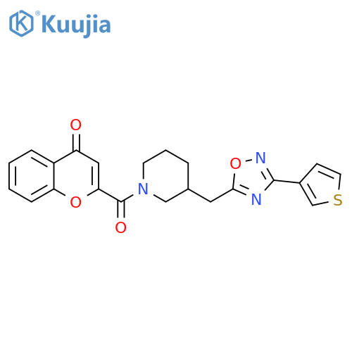 2-(3-{[3-(thiophen-3-yl)-1,2,4-oxadiazol-5-yl]methyl}piperidine-1-carbonyl)-4H-chromen-4-one structure