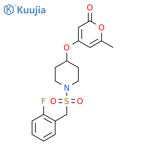 4-((1-((2-fluorobenzyl)sulfonyl)piperidin-4-yl)oxy)-6-methyl-2H-pyran-2-one structure