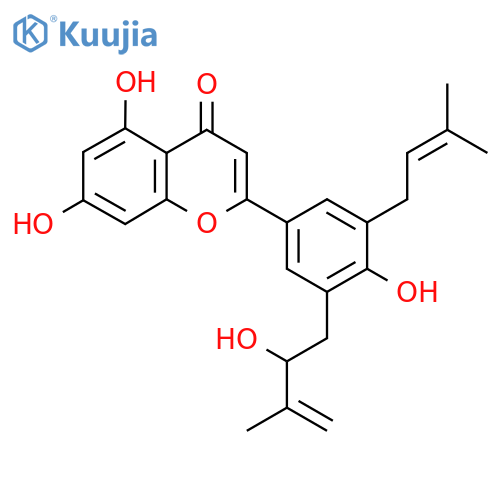 4H-1-Benzopyran-4-one, 5,7-dihydroxy-2-[4-hydroxy-3-(2-hydroxy-3-methyl-3-buten-1-yl)-5-(3-methyl-2-buten-1-yl)phenyl]-, (-)- structure