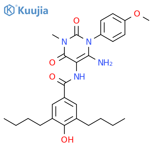 Benzamide,N-[6-amino-1,2,3,4-tetrahydro-1-(4-methoxyphenyl)-3-methyl-2,4-dioxo-5-pyrimidinyl]-3,5-dibutyl-4-hydroxy- structure
