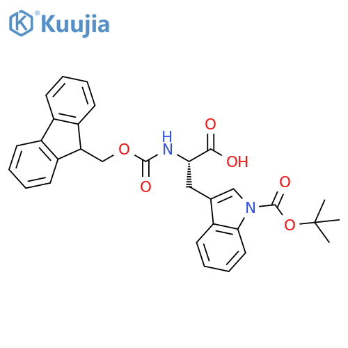 3-{1-(tert-butoxy)carbonyl-1H-indol-3-yl}-2-({(9H-fluoren-9-yl)methoxycarbonyl}amino)propanoic acid structure
