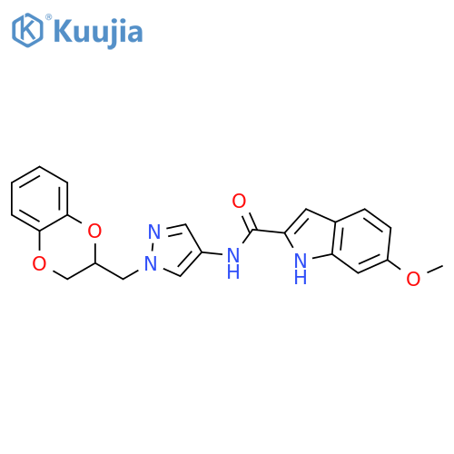 N-[1-(2,3-dihydro-1,4-benzodioxin-3-ylmethyl)pyrazol-4-yl]-6-methoxy-1H-indole-2-carboxamide structure