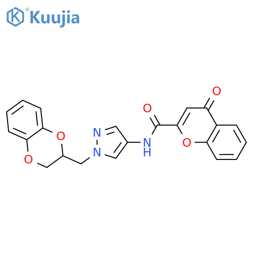 N-[1-(2,3-dihydro-1,4-benzodioxin-3-ylmethyl)pyrazol-4-yl]-4-oxochromene-2-carboxamide structure