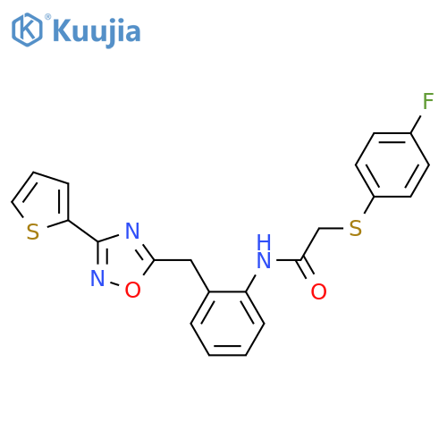 2-[(4-fluorophenyl)sulfanyl]-N-(2-{[3-(thiophen-2-yl)-1,2,4-oxadiazol-5-yl]methyl}phenyl)acetamide structure