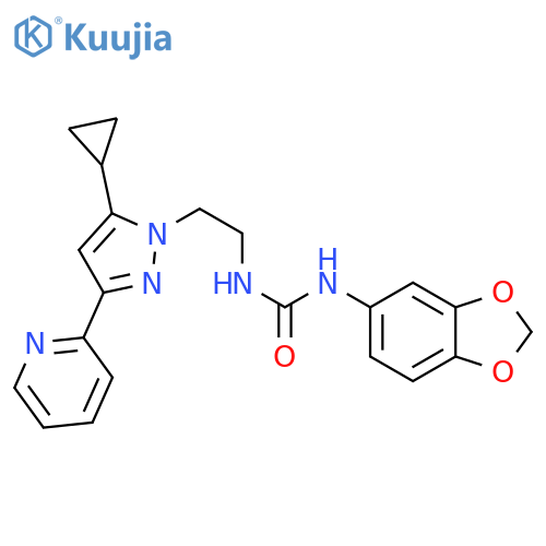 1-(2H-1,3-benzodioxol-5-yl)-3-{2-[5-cyclopropyl-3-(pyridin-2-yl)-1H-pyrazol-1-yl]ethyl}urea structure