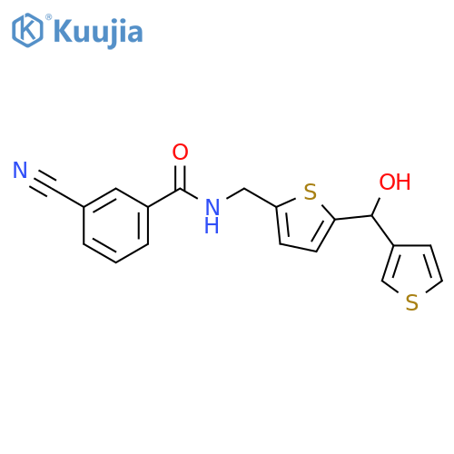 3-cyano-N-({5-[hydroxy(thiophen-3-yl)methyl]thiophen-2-yl}methyl)benzamide structure