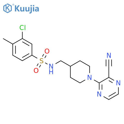 3-chloro-N-{[1-(3-cyanopyrazin-2-yl)piperidin-4-yl]methyl}-4-methylbenzene-1-sulfonamide structure
