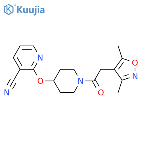 2-({1-[2-(3,5-dimethyl-1,2-oxazol-4-yl)acetyl]piperidin-4-yl}oxy)pyridine-3-carbonitrile structure