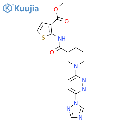 methyl 2-(1-(6-(1H-1,2,4-triazol-1-yl)pyridazin-3-yl)piperidine-3-carboxamido)thiophene-3-carboxylate structure