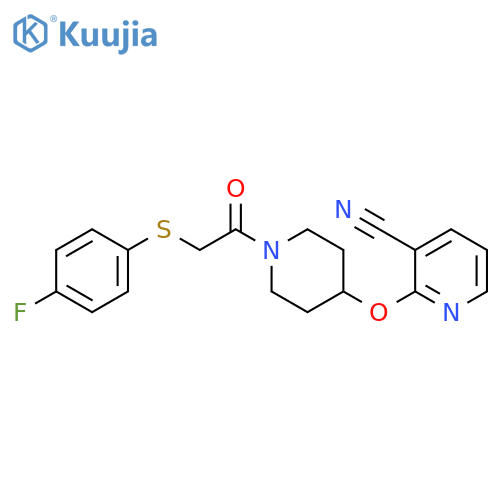 2-[(1-{2-[(4-fluorophenyl)sulfanyl]acetyl}piperidin-4-yl)oxy]pyridine-3-carbonitrile structure