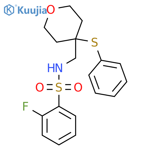 2-fluoro-N-{[4-(phenylsulfanyl)oxan-4-yl]methyl}benzene-1-sulfonamide structure