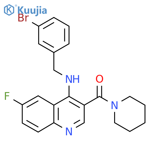 N-[(3-bromophenyl)methyl]-6-fluoro-3-(piperidine-1-carbonyl)quinolin-4-amine structure