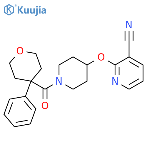 2-{[1-(4-phenyloxane-4-carbonyl)piperidin-4-yl]oxy}pyridine-3-carbonitrile structure