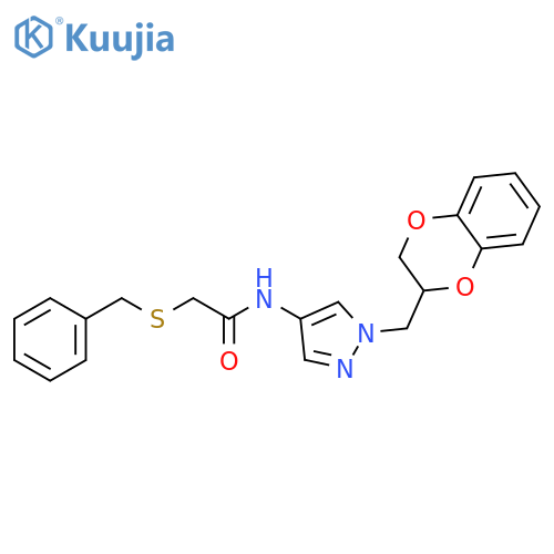 2-benzylsulfanyl-N-[1-(2,3-dihydro-1,4-benzodioxin-3-ylmethyl)pyrazol-4-yl]acetamide structure