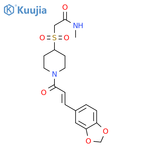 2-({1-[(2E)-3-(2H-1,3-benzodioxol-5-yl)prop-2-enoyl]piperidin-4-yl}sulfonyl)-N-methylacetamide structure