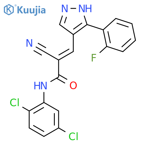 (E)-2-Cyano-N-(2,5-dichlorophenyl)-3-[5-(2-fluorophenyl)-1H-pyrazol-4-yl]prop-2-enamide structure
