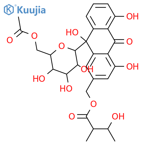 Butanoic acid,3-hydroxy-2-methyl-, [(9S)-9-(6-O-acetyl-b-D-glucopyranosyl)-9,10-dihydro-4,5,9-trihydroxy-10-oxo-2-anthracenyl]methylester, (2R,3S)- structure