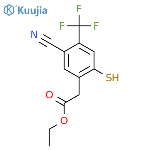 Ethyl 5-cyano-2-mercapto-4-(trifluoromethyl)phenylacetate structure