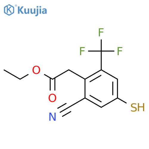 Ethyl 2-cyano-4-mercapto-6-(trifluoromethyl)phenylacetate structure