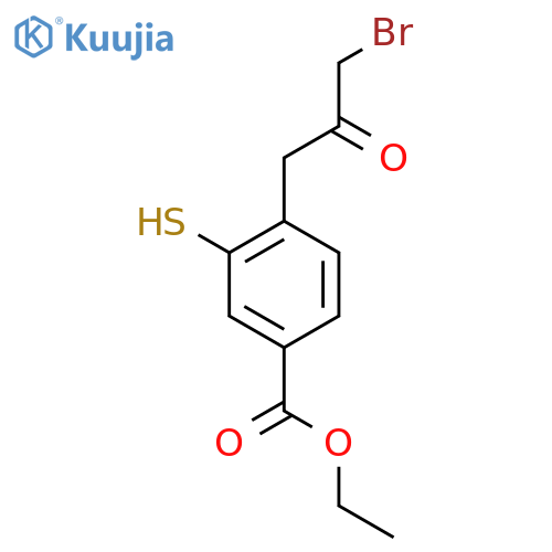 Ethyl 4-(3-bromo-2-oxopropyl)-3-mercaptobenzoate structure
