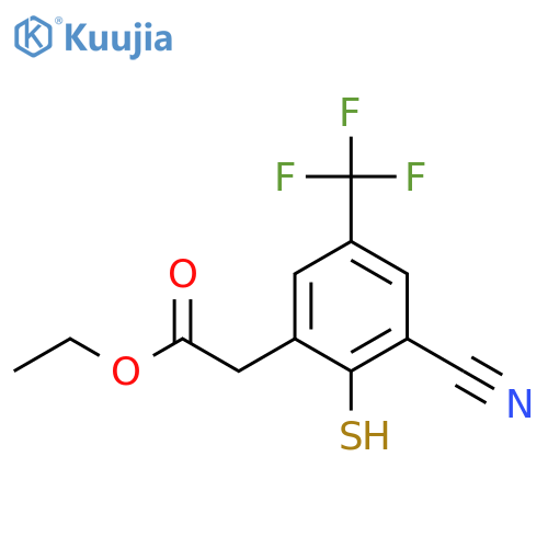 Ethyl 3-cyano-2-mercapto-5-(trifluoromethyl)phenylacetate structure