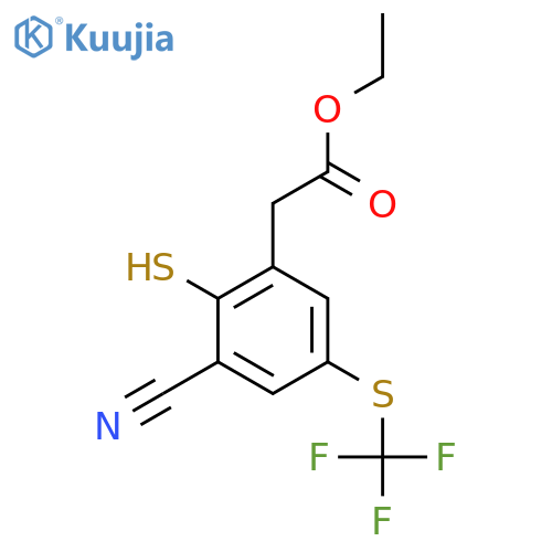 Ethyl 3-cyano-2-mercapto-5-(trifluoromethylthio)phenylacetate structure