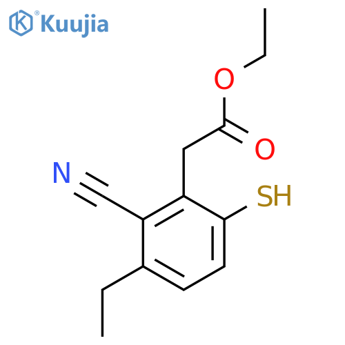 Ethyl 2-cyano-3-ethyl-6-mercaptophenylacetate structure