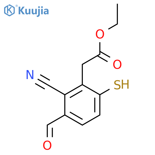 Ethyl 2-cyano-3-formyl-6-mercaptophenylacetate structure