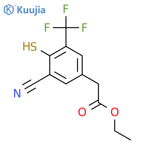Ethyl 3-cyano-4-mercapto-5-(trifluoromethyl)phenylacetate structure